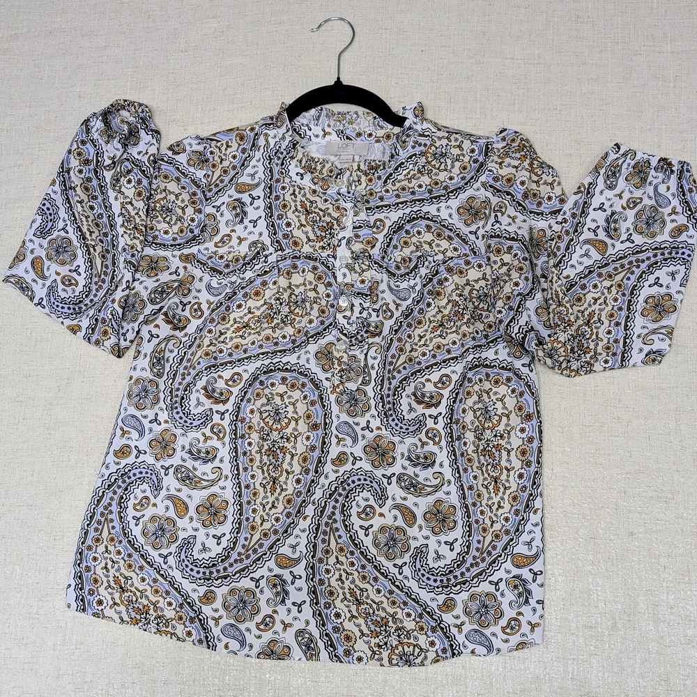 LOFT Outlet Petite Paisley Ruffle Neck Blouse - Blue White Size SP